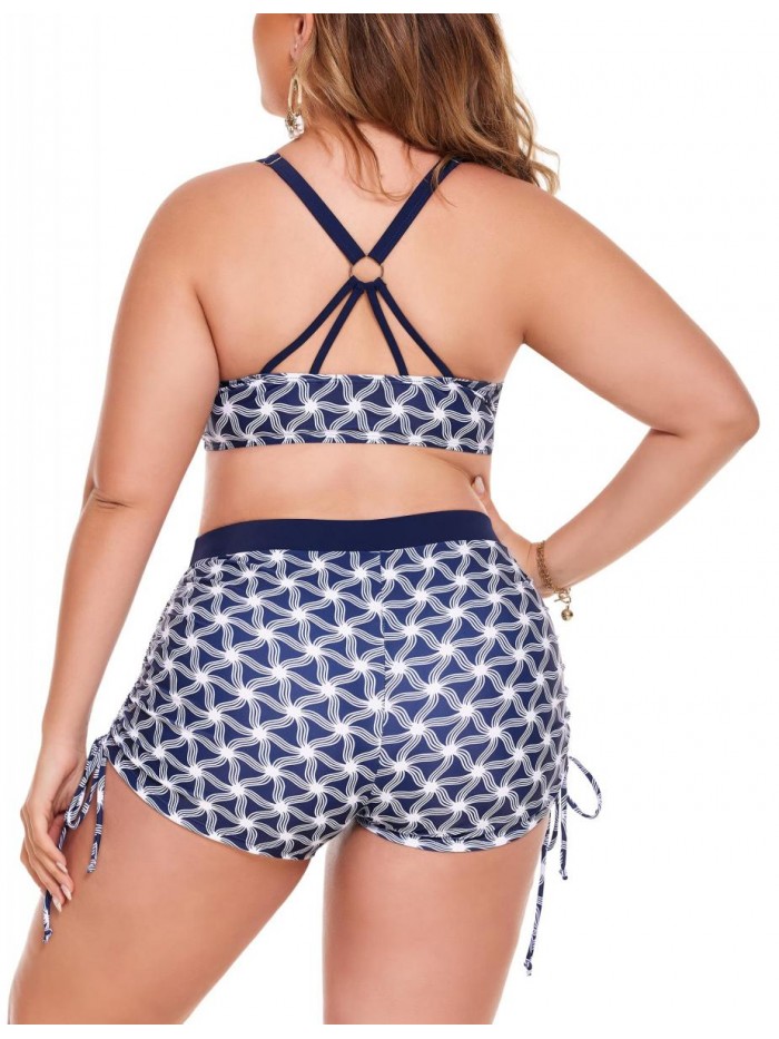 Women Plus Size Bikini Set Floral Print Halter Swimsuits Tank Tops with Boyshorts Bathing Suits Swimming Wear 