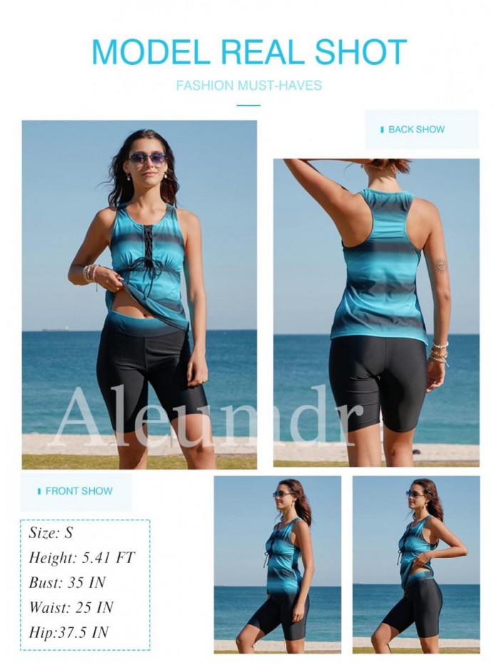 Womens Racerback Color Block Print Tankini Swimsuits with Swim Capris S-XXXL 