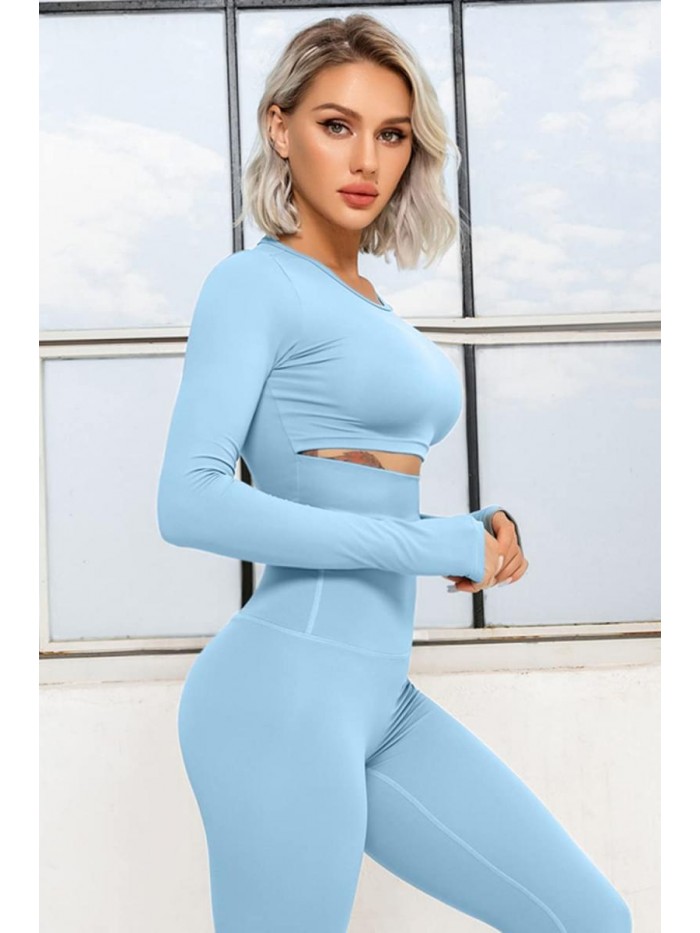 Workout Outfits for Women 2 Piece Long Sleeve Cutout Crop Tops Tummy Control Leggings Sets 