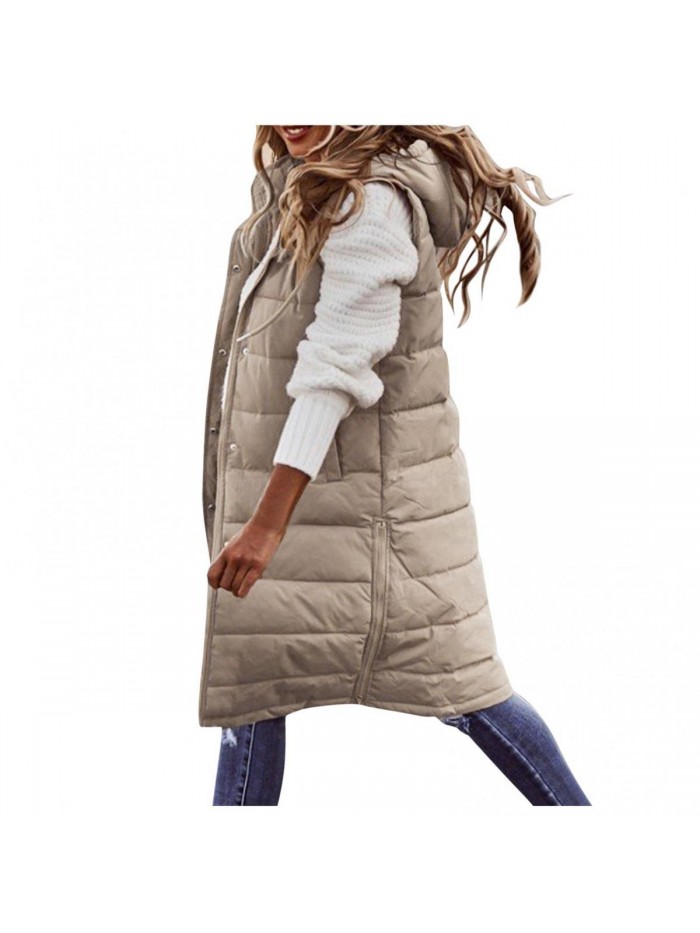Long Down Vest for Women Zipper Lightweight Puffer Jackets with Hood Outdoor Coats Recreation Waistcoat Outerwear 