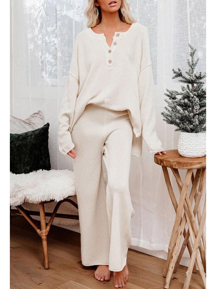 Queen Women's 2 Piece Outfit Set Long Sleeve Button Knit Pullover Sweater Top and Wide Leg Pants Sweatsuit 