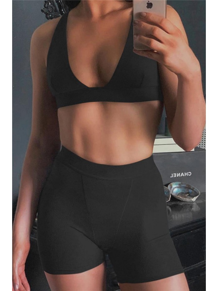 2 Piece Workout Outfit Ribbed Deep V Neck Bra High Waist Bodycon Yoga Short Sets Gym Active Wear Tracksuits 