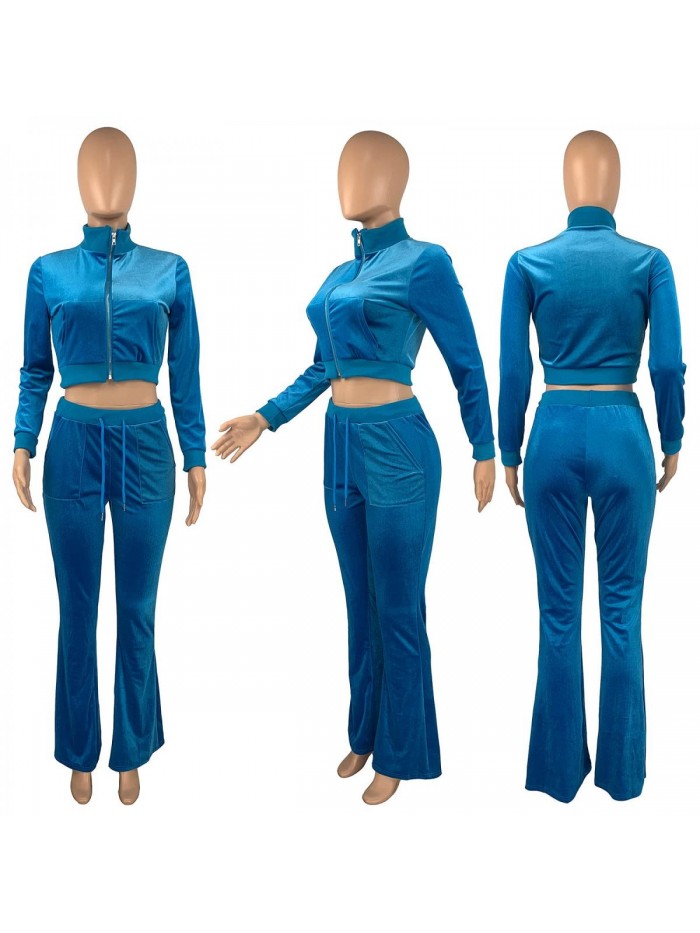Piece Outfits for Women Velour Tracksuits Sweatsuits Set Long Sleeve Crop Tops Jackets and Flared Long Pant Sets 