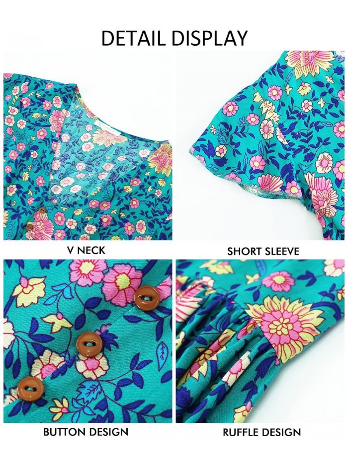 Women’s Summer Hot Short Sleeve V-Neck High Waist Floral Print Mini Boho Sun Dress with Button 