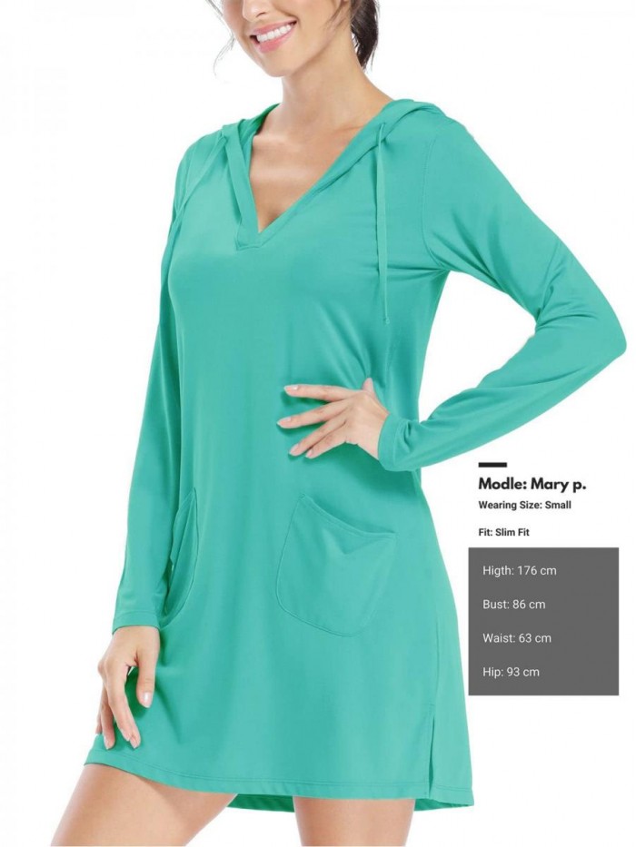 Women's UPF 50+ Beach Coverup Dress SPF Long Sleeve Dress Hooded with Pockets Sun Protection Swim Cover Up 