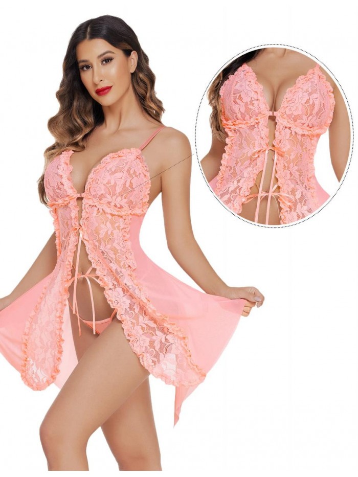 Babydoll Lingerie for Women Lace Chemise Sexy Strappy Negligee Front Closure Babydoll 