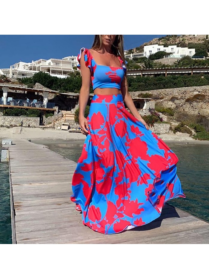 Womens Summer Sexy 2 Pieces Outfits Ruffle Floral Tank Top Wrap Boho Tropical Long Skirt Set Clubwear Dress 