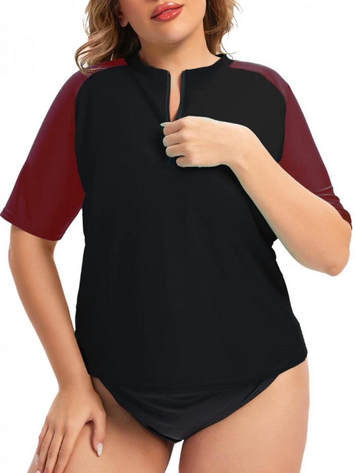 Women's Plus Size Rash Guard Loose Fit Swim Shirts Short Sleeve Tankini Swimsuit Top UV Sun Protection 