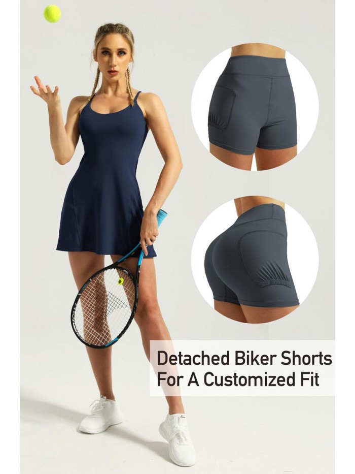 RAINBOW Women's Built-in Bra Workout Dress Adjustable Straps Exercise Tennis Dress with Biker Shorts 