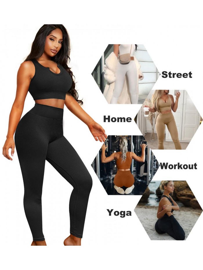 2 Piece Workout Sets outfits for Women, Seamless Padded Cropped Top Sports Bra and High Waist Yoga Leggings Clothes 