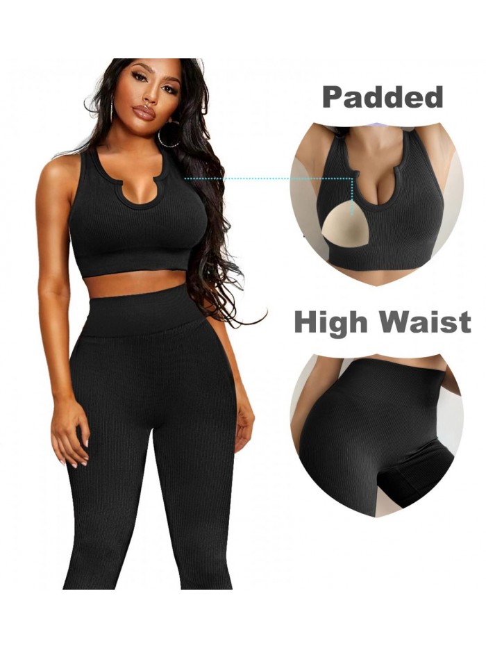 2 Piece Workout Sets outfits for Women, Seamless Padded Cropped Top Sports Bra and High Waist Yoga Leggings Clothes 