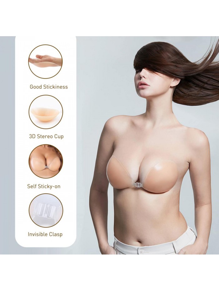 Adhesive Bra Strapless Sticky Invisible Push up Silicone Bra for Backless Dress with Nipple Covers Nude 