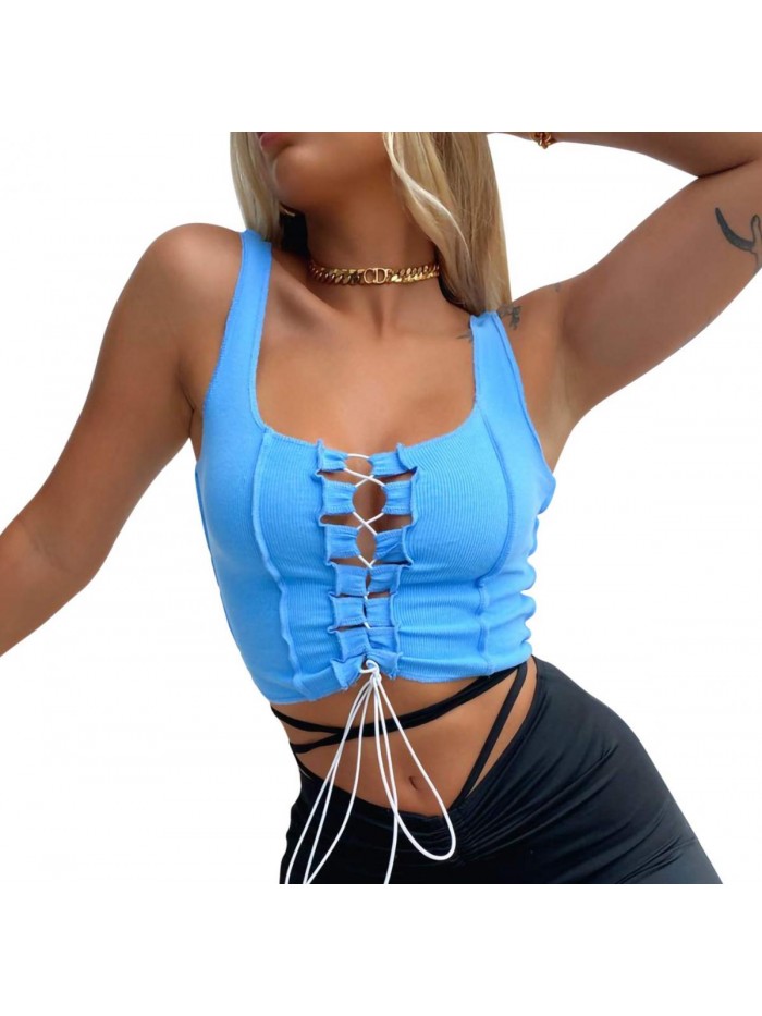 Sexy Hollow Out Camisole Crop Tops Front Lace Up Slim Fitted Ribbed Shirts Vest Streetwear 