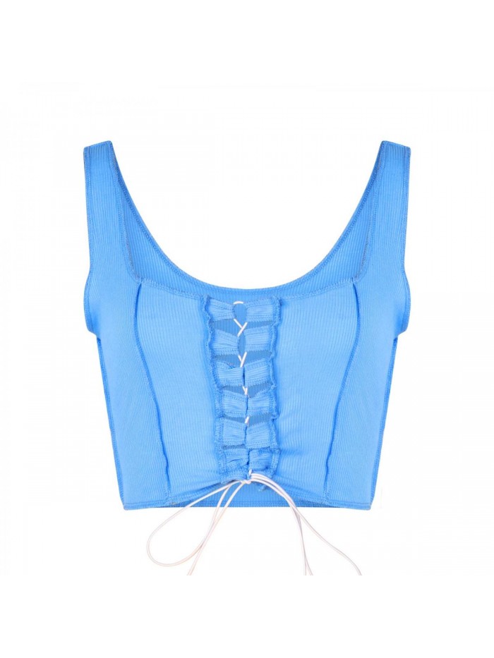 Sexy Hollow Out Camisole Crop Tops Front Lace Up Slim Fitted Ribbed Shirts Vest Streetwear 