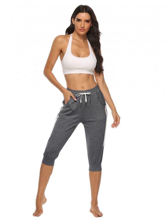 Womens Capri Sweatpants Pants Cropped Jogger Running Pants Lounge Loose Fit Drawstring Waist with Side Pockets 