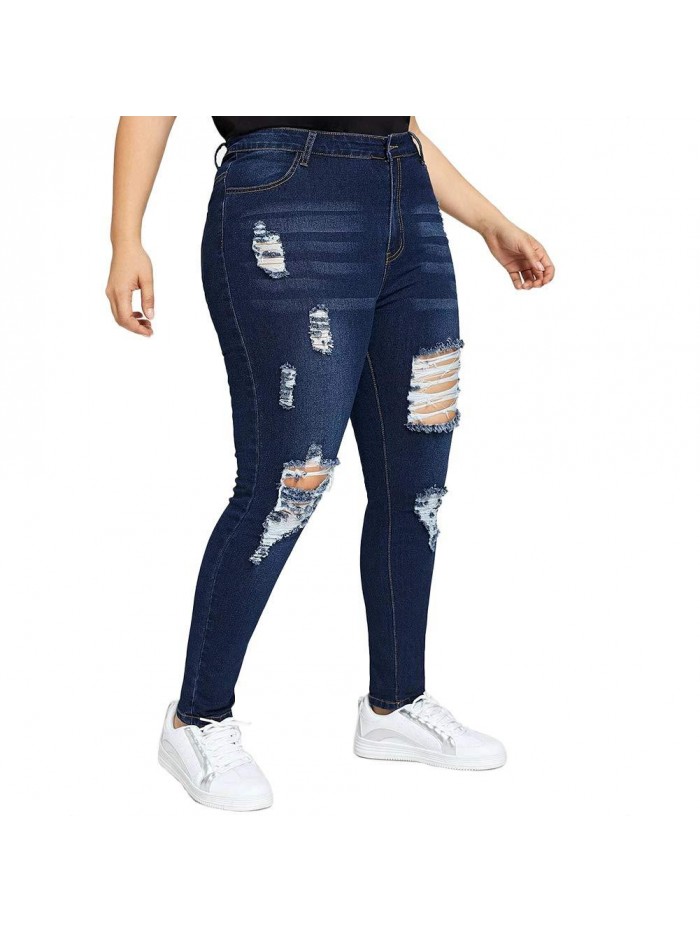 Women Plus Size Ripped Stretch Skinny Jeans, High Rise Distressed Denim Jegging 