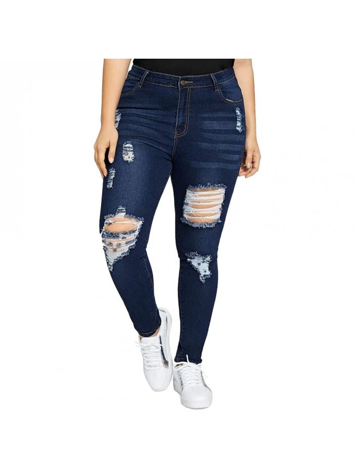 Women Plus Size Ripped Stretch Skinny Jeans, High Rise Distressed Denim Jegging 