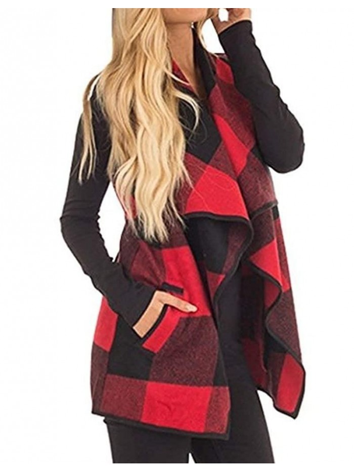 Womens Casual Lapel Open Front Plaid Vest Cardigan Coat with Pockets 