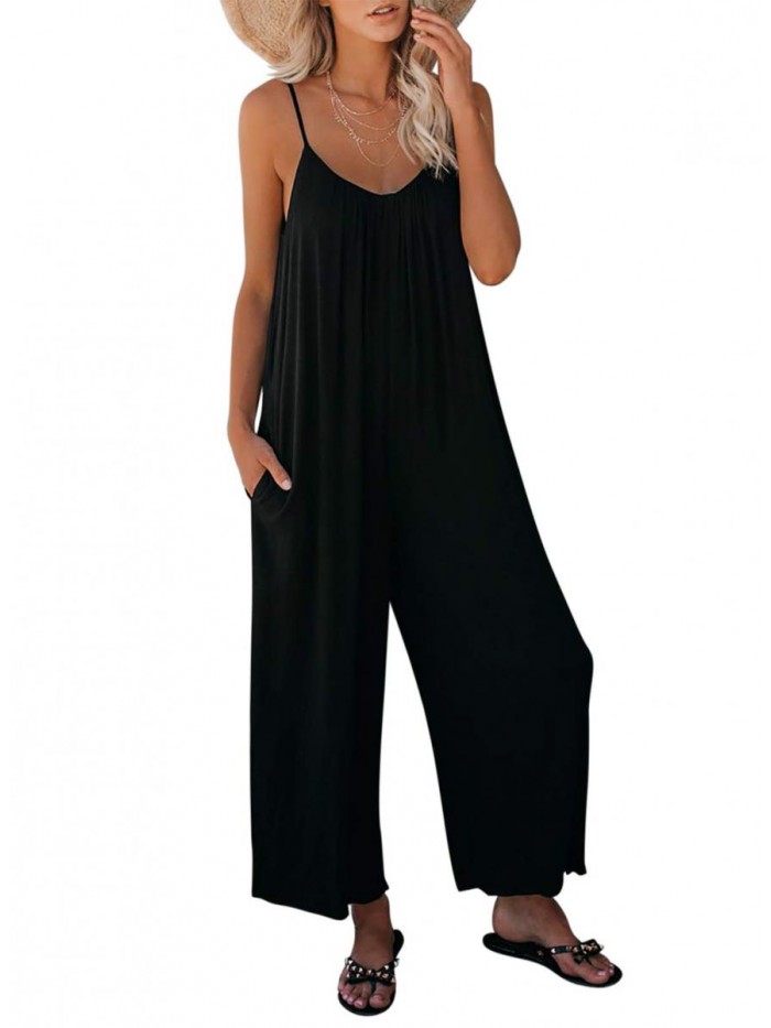 Women's Loose Sleeveless Jumpsuits Adjustable Spaghetti Strap Stretchy Long Pant Romper Jumpsuit with Pockets 