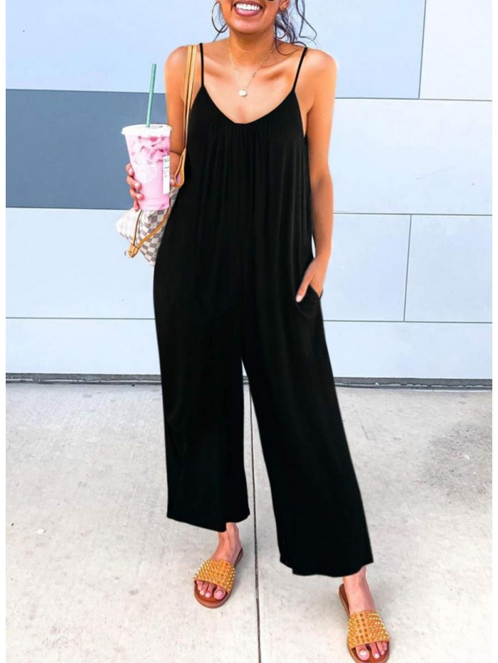 Women's Loose Sleeveless Jumpsuits Adjustable Spaghetti Strap Stretchy Long Pant Romper Jumpsuit with Pockets 