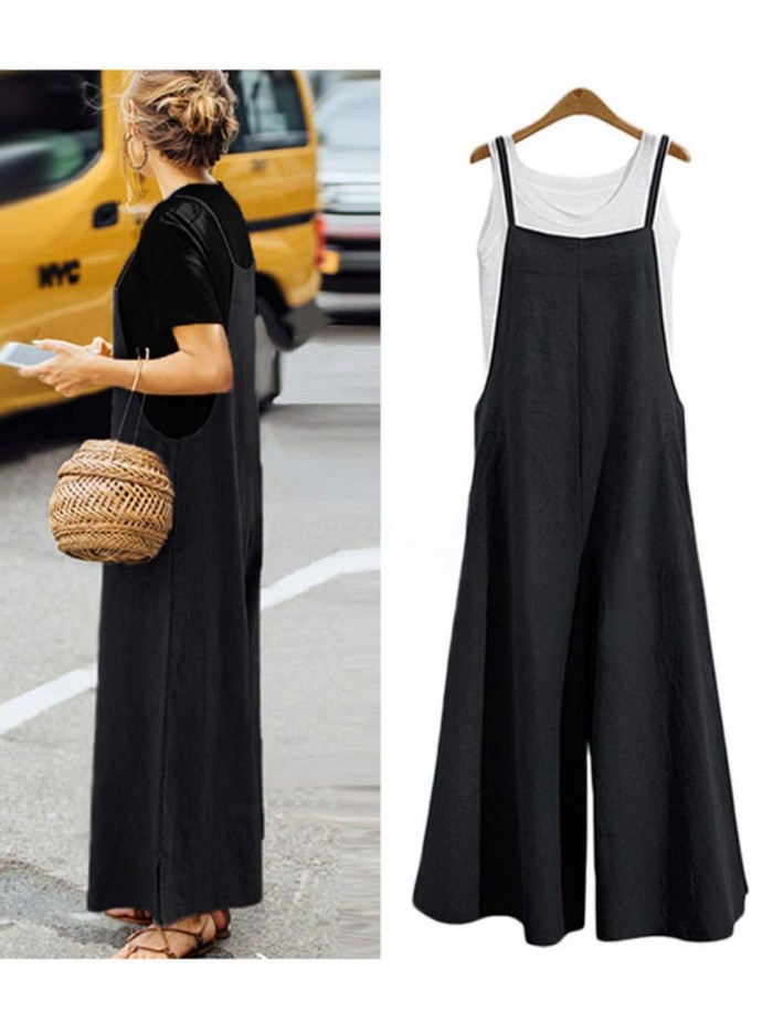 Women Casual Loose Long Bib Pants Wide Leg Jumpsuits Baggy Cotton Rompers Overalls with Pockets PZZ 