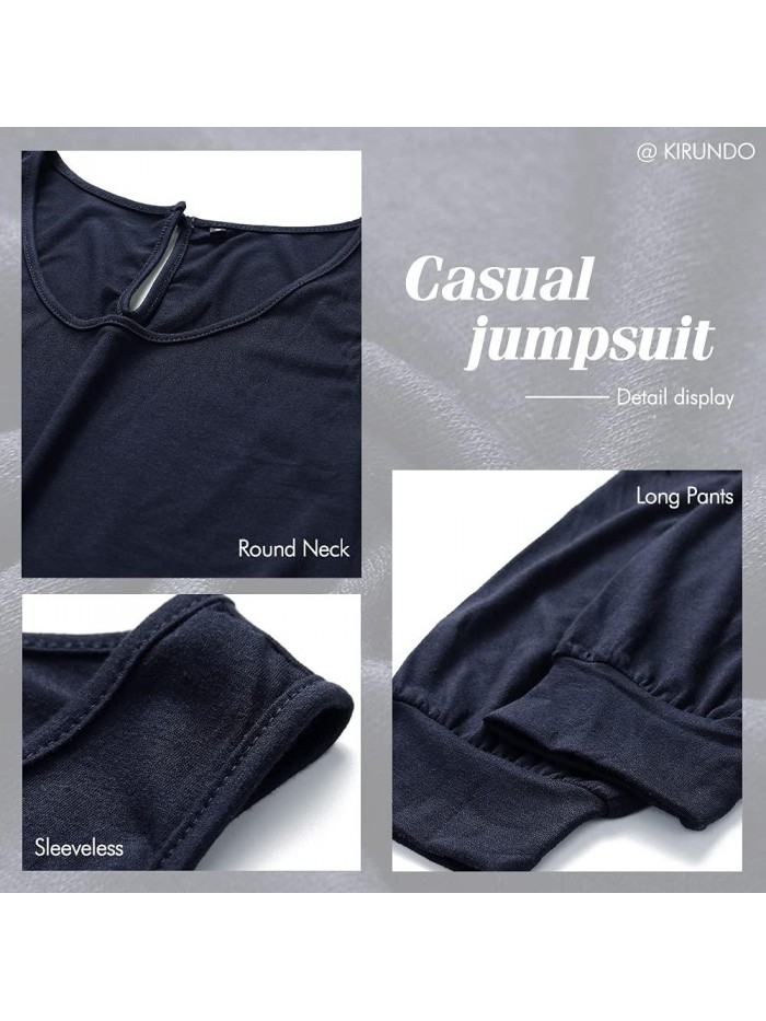 KIRUNDO Women's Summer Jumpsuits Casual Sleeveless Jumpsuit Drawstring Elasitic Waist Romper Pajama