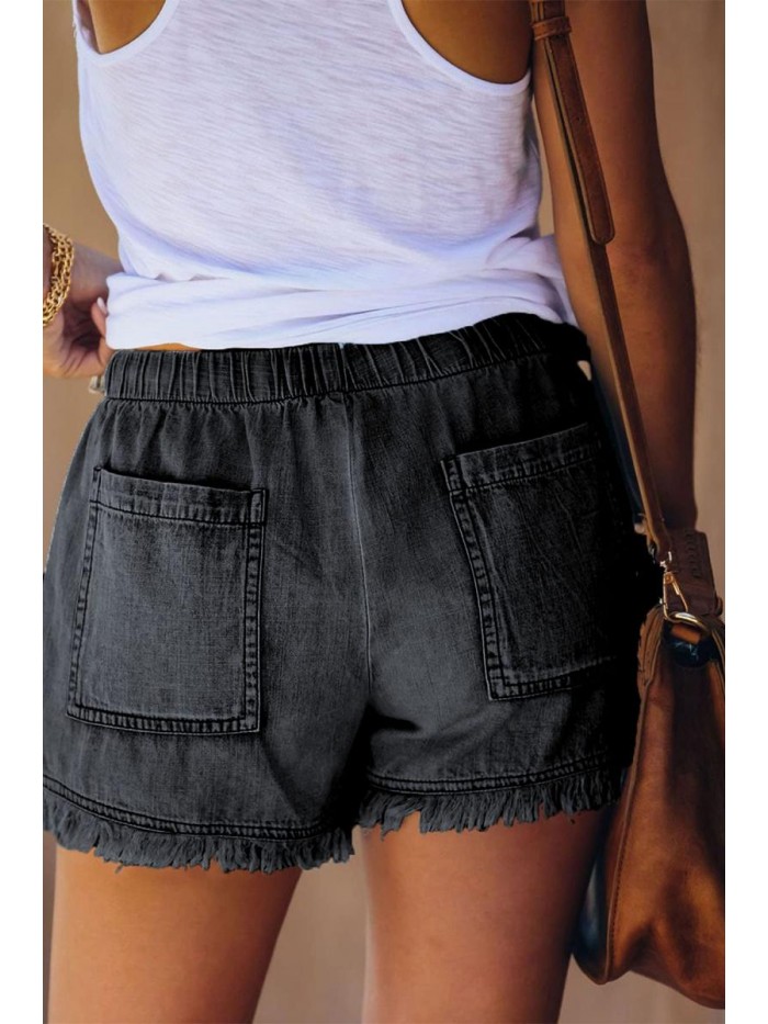 Womens Denim Jean Shorts for Casual Summer Mid Waist Frayed Stretchy Ripped 