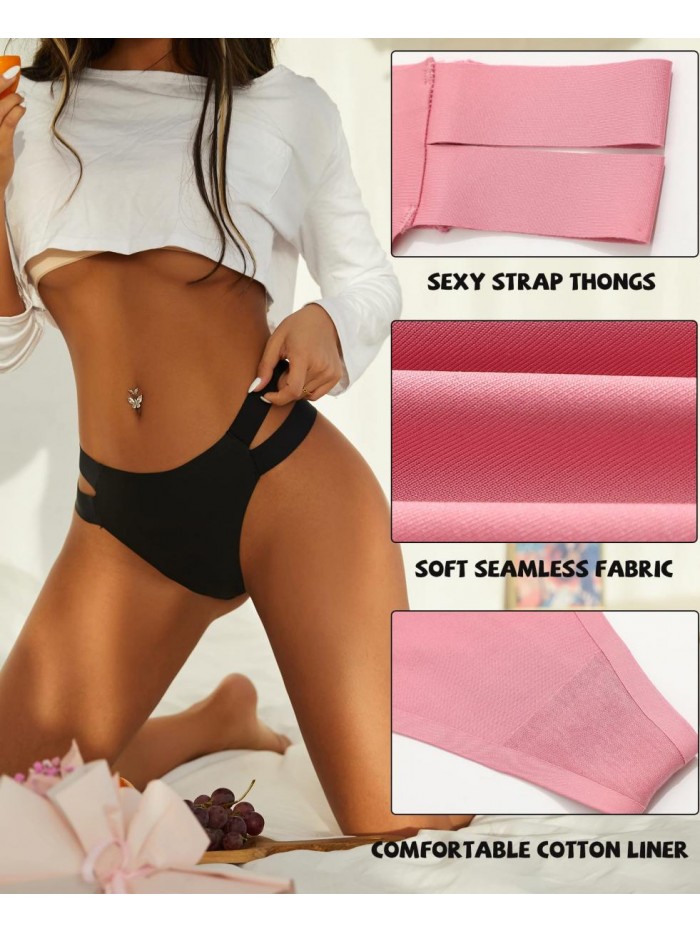 Pack Seamless Thongs for Women Sexy No Show Breathable Underwear Stretch Straps T-Back Tangas Panties for Ladies 