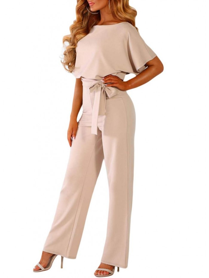Happy Sailed Women Casual Loose Short Sleeve Belted Wide Leg Pant Romper Jumpsuits