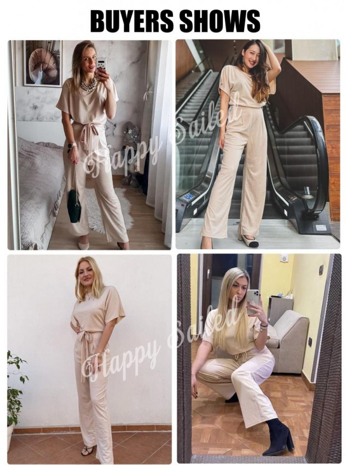 Sailed Women Casual Loose Short Sleeve Belted Wide Leg Pant Romper Jumpsuits 