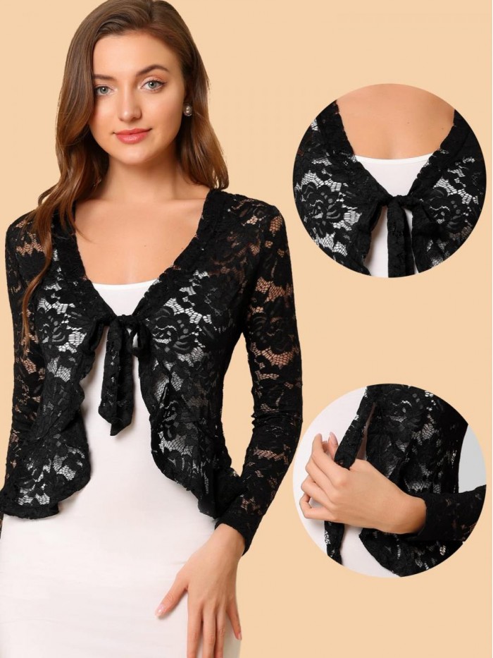 K Shrug Top for Women's Tie Front Ruffled Hem Floral Lace Office Sheer Crop Cardigan 