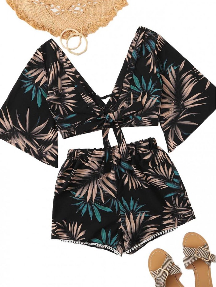 Women's 2 Piece Boho Butterfly Sleeve Knot Front Crop Top with Shorts Set 