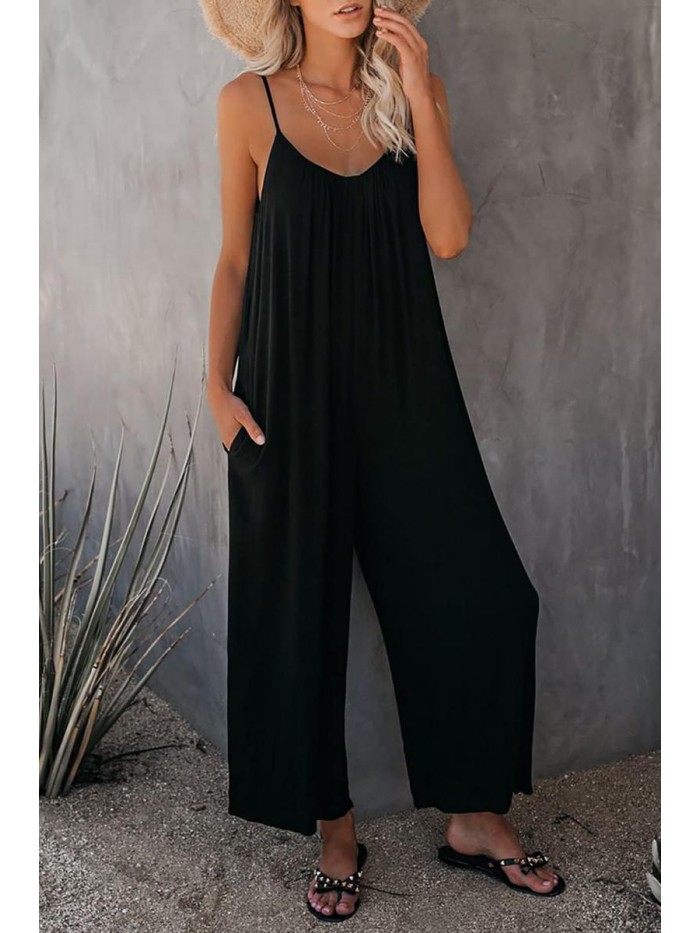 Womens Casual Sleeveless Spaghetti Straps Jumpsuits Stretchy Loose Long Pants Romper with Pockets 