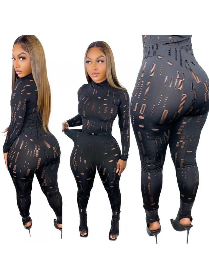 Two Piece Outfits for Women Clubwear，Black Stretchy Sheer Mesh Long Sleeve Blouse and Bodycon Pants Set For Party 