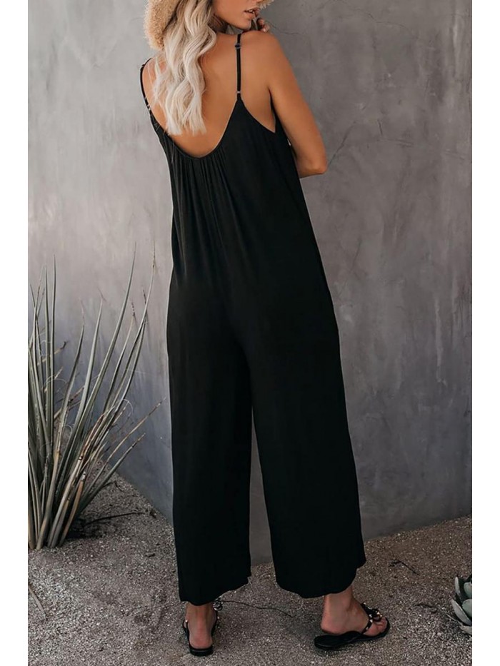 Womens Casual Sleeveless Spaghetti Straps Jumpsuits Stretchy Loose Long Pants Romper with Pockets 