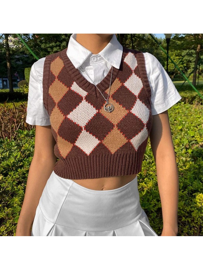 Argyle Sweater Vest Women Y2K Plaid Knitted Streetwear Preppy Style V Neck Crop Knitwear Tank Top for Girl 