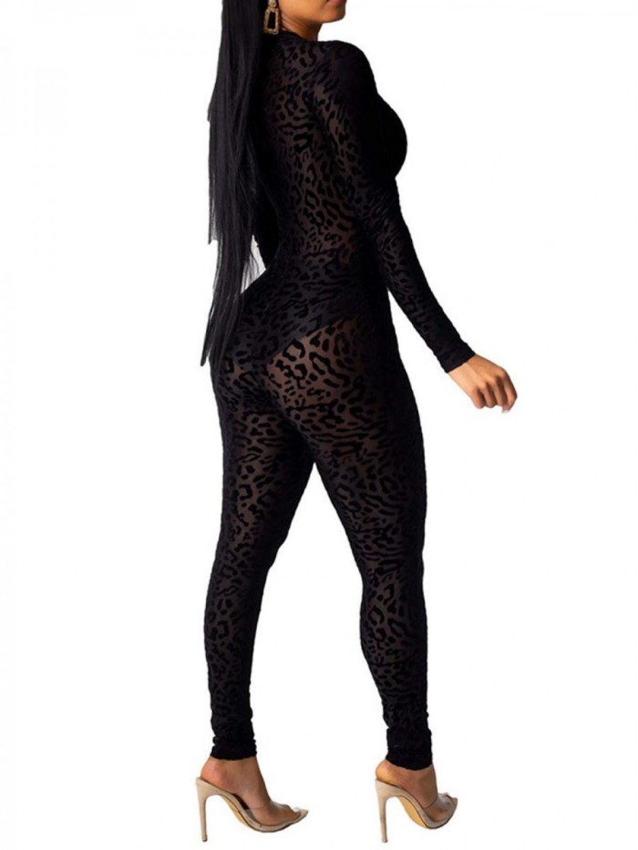 Uni Clau Women See Through Bodycon Jumpsuit - One Piece Deep V Neck Outfits Sheer Mesh Leopard Clubwear Jumpsuit Rompers