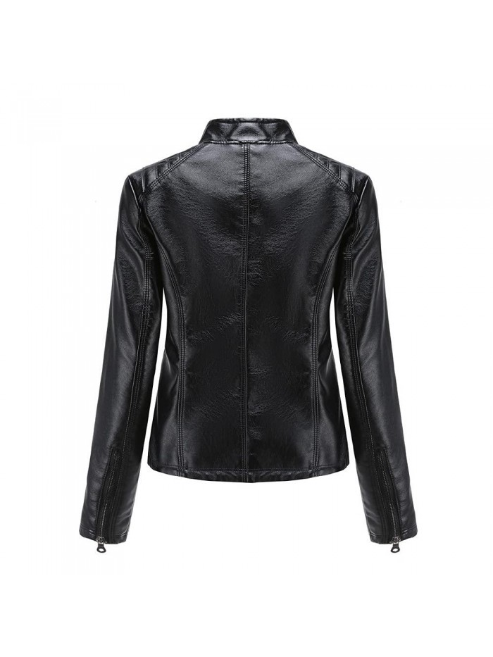 Women Cropped Fitted Faux Leather Moto Jacket 