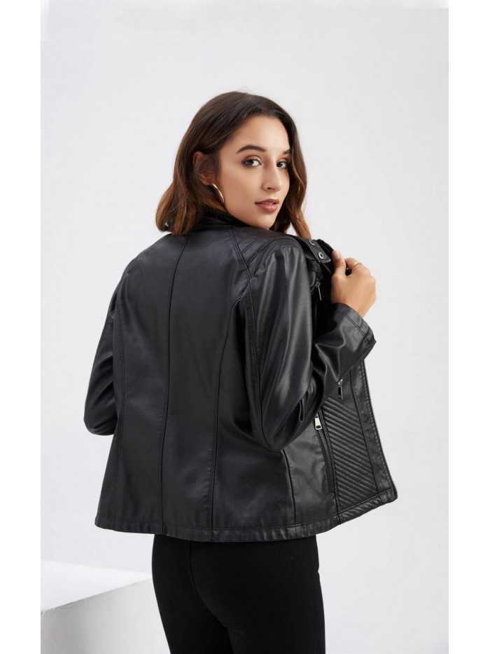Women Cropped Fitted Faux Leather Moto Jacket 