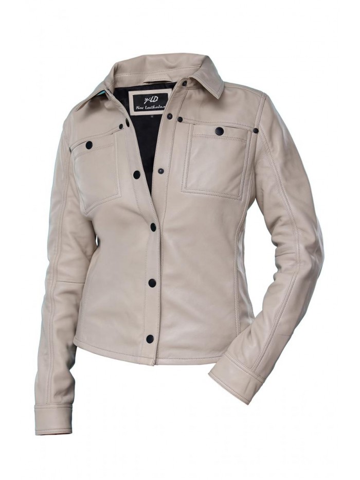 Casual Lambskin Leather Shirt Jacket - Classic Fit Long Sleeves Button Down Shirt Shacket with Front Pocket for Women 