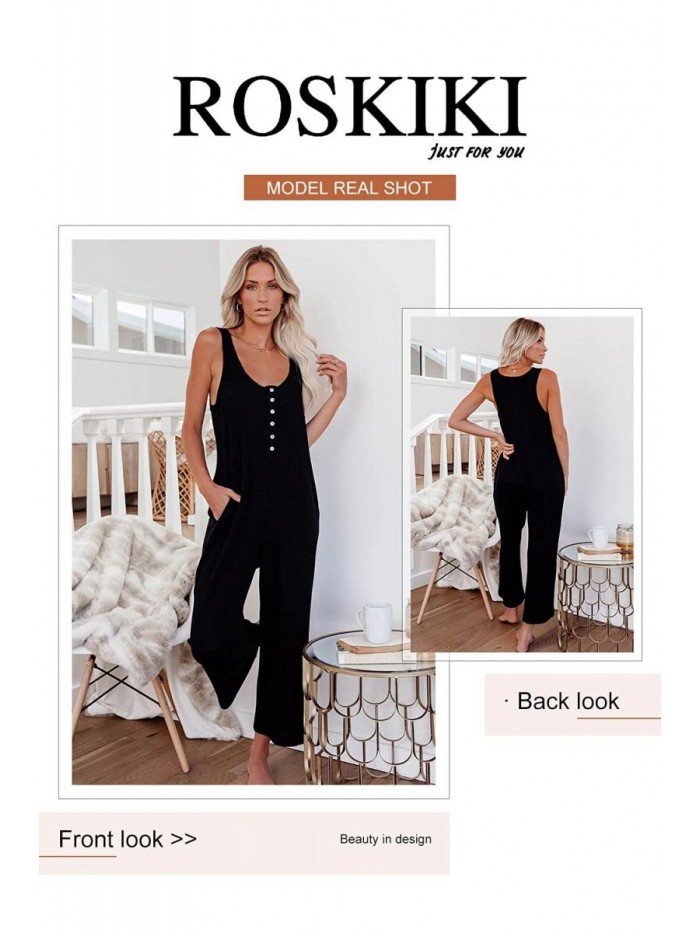 ROSKIKI Womens Solid Loose Sleeveless Full Back Button Down Pocketed Thermal Long Jumpsuit (S-XL)