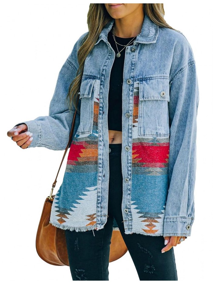 Aztec Denim Jacket for Women Oversized Button Down Distressed Denim Jean Shirt Shacket Jacket 