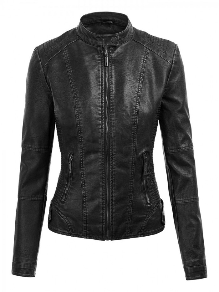 and Love Women's Removable Hooded Faux Leather Jacket Moto Biker Coat 