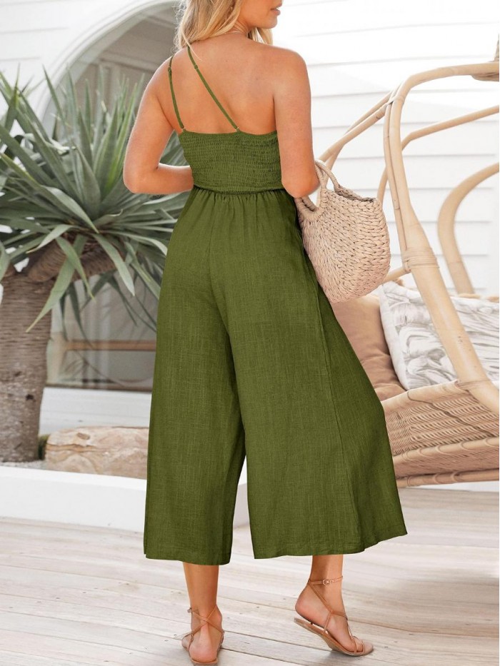 Caracilia Women's Summer Wide Leg Dressy One Shoulder Straps Pleated High Waist Jumpsuit Romper with Pockets