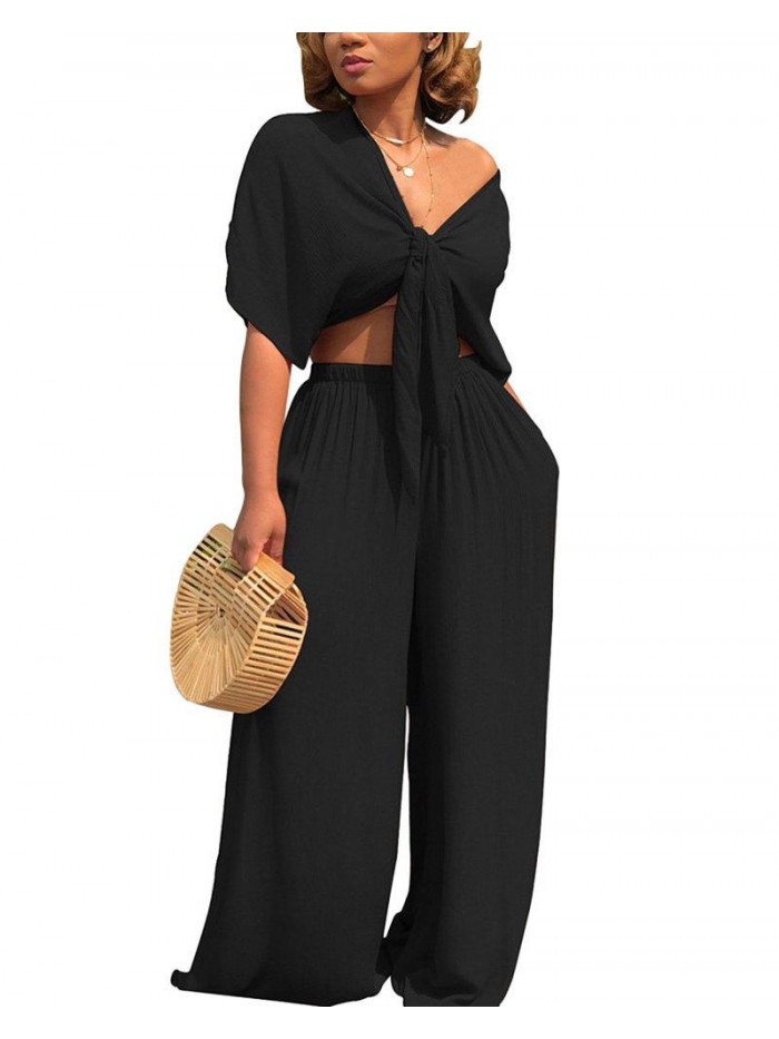 Lora Women's 2 Piece Jumpsuit Ruched Sleeveless Crop Top Ruffle Wide Leg Pant Set Romper Outfit 