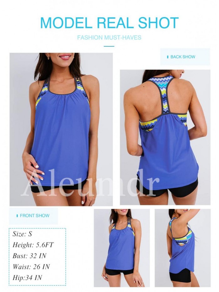 Womens Blouson Striped Printed Strappy T-Back Push up Tankini Top with Shorts 