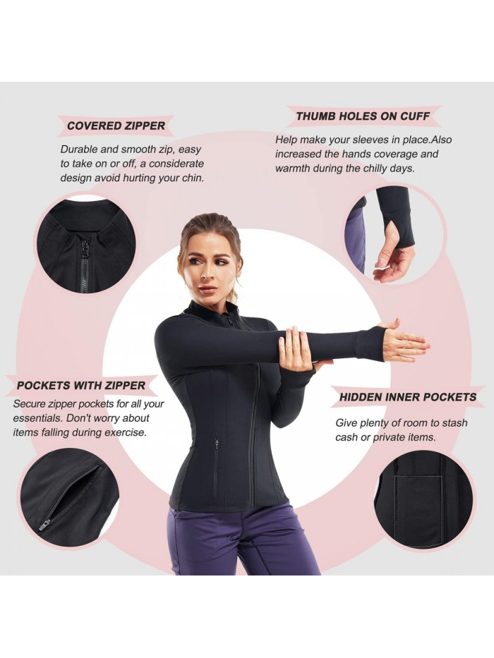 Women's Sports Jacket Full Zip Workout Running Jacket Slim Fit Long Sleeve Yoga Track Jacket with Thumb Holes 