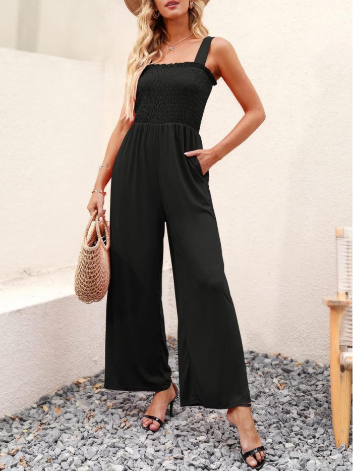 Caracilia Womens Casual Loose Sleeveless Tank Jumpsuits Square Collar Smocked Wide Leg Jumpsuit Rompers with Pockets