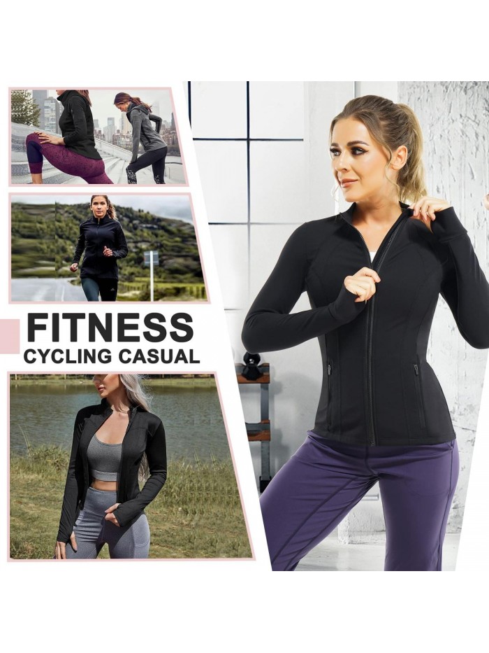 Women's Sports Jacket Full Zip Workout Running Jacket Slim Fit Long Sleeve Yoga Track Jacket with Thumb Holes 