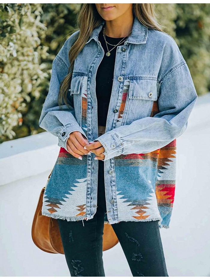 Aztec Denim Jacket Shacket for Women Button Down Vintage Distressed Blue Jean Jacket 